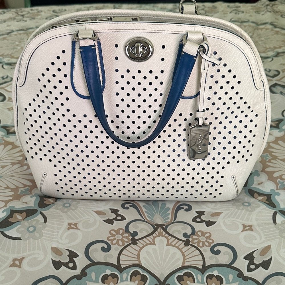 Coach White and Blue Perforated Handbag